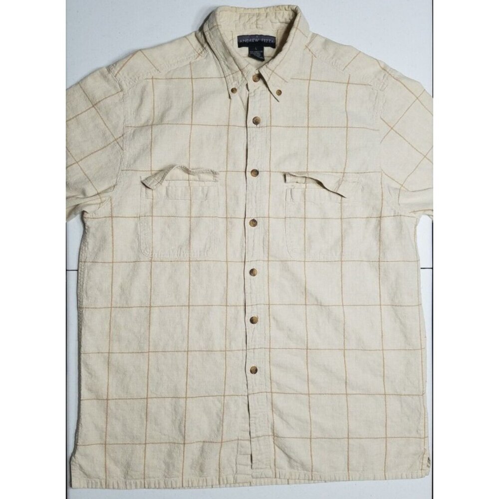 Andrew Fezza Short Sleeve Button Down Beige Linen Blend Check Shirt Men's Large